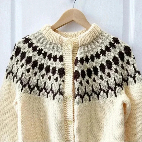 Hand Knit Cardigan Button Up Sweater Fair Isle Yellow and Brown  Size Small - Picture 5 of 13